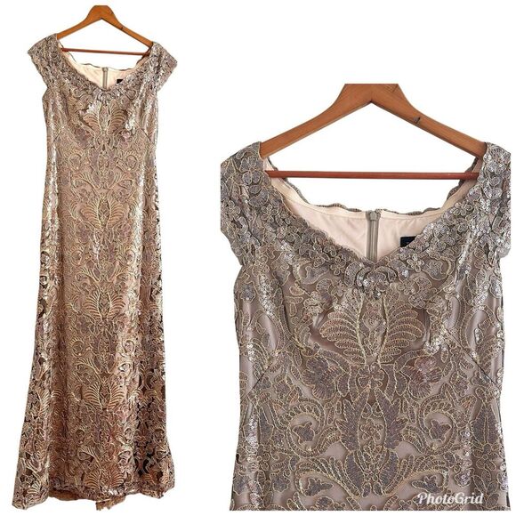 BHLDN Tadashi Shoji Odette Dress 8 Champagne Lace Sequin Gown Embroidered Formal - Picture 1 of 16